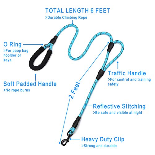 6ft Long Heavy Duty Reflective Padded Training Control Dog Leash- Double Handles