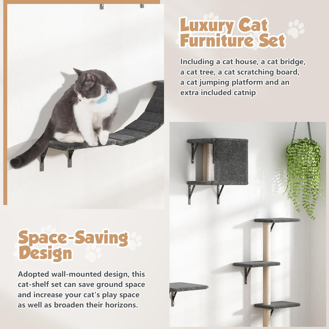 Wall Mounted Cat Furniture Set of 5 with Cat Tree, Cat Perch, Cat Scratcher, Cat Bridge and Cat Condo