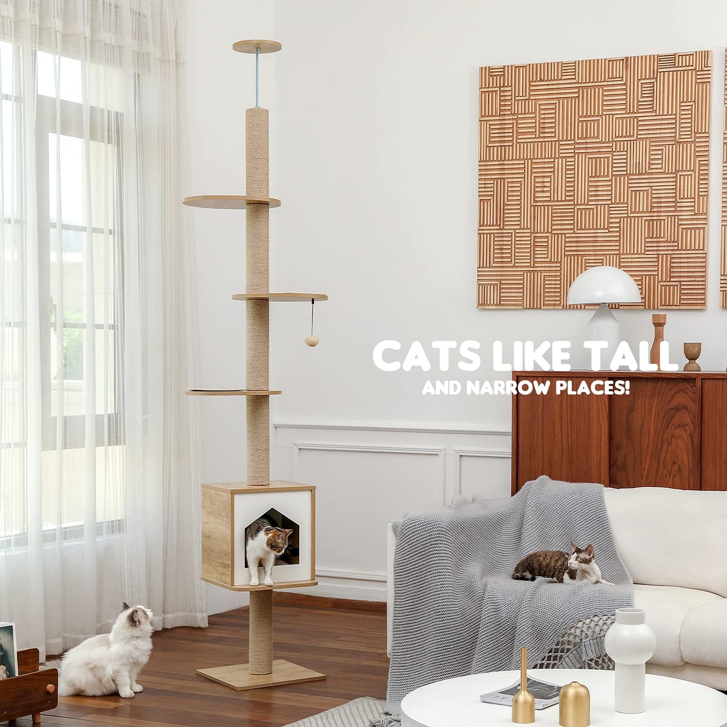 Modern Cat Climbing Tree Four Tier Floor-to-Ceiling Tower 94.5-102.4 in with a Scratcher Beige