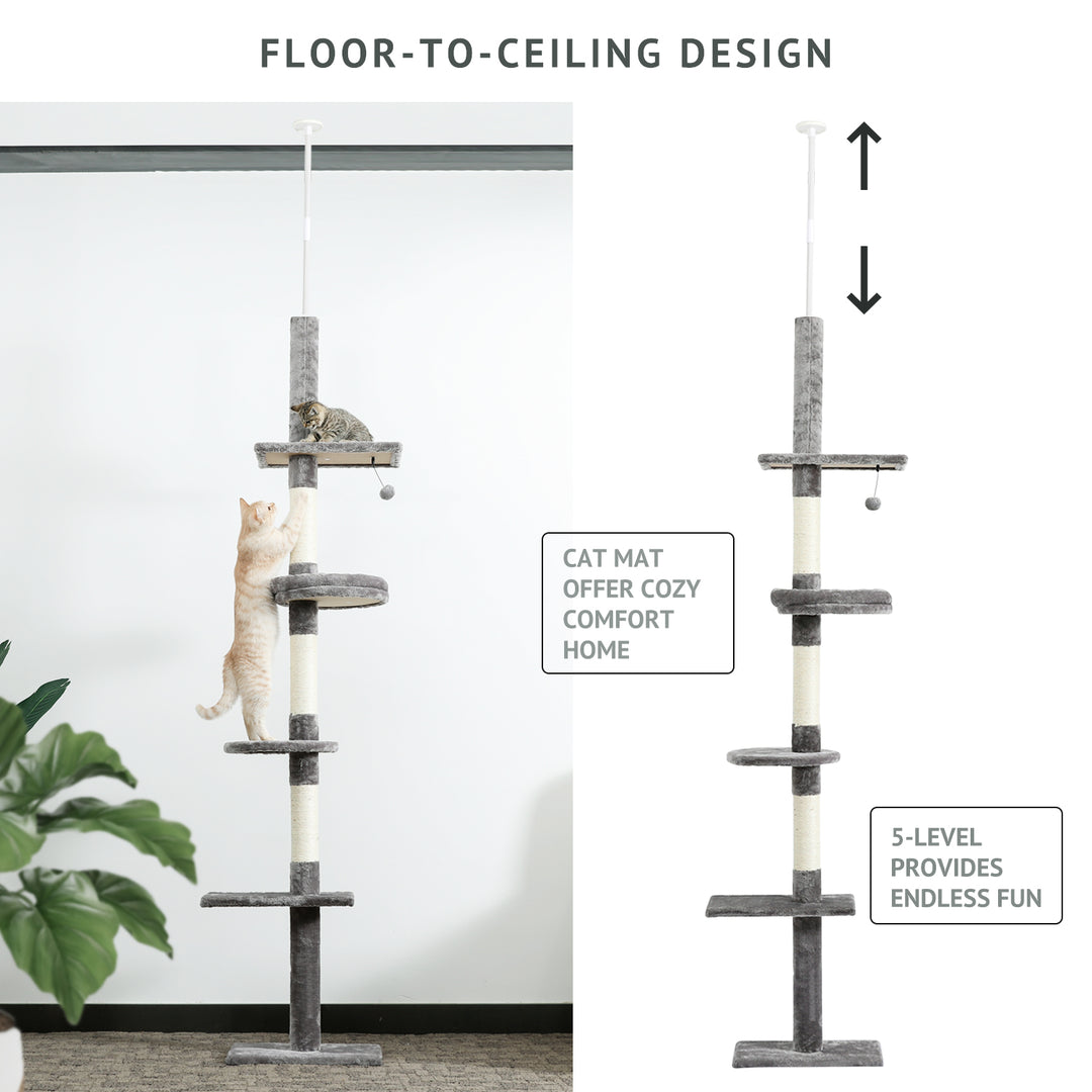 Modern Cat Climbing Tree Four Tier Floor-to-Ceiling Tower 94.5-102.4 in with a Scratcher Beige