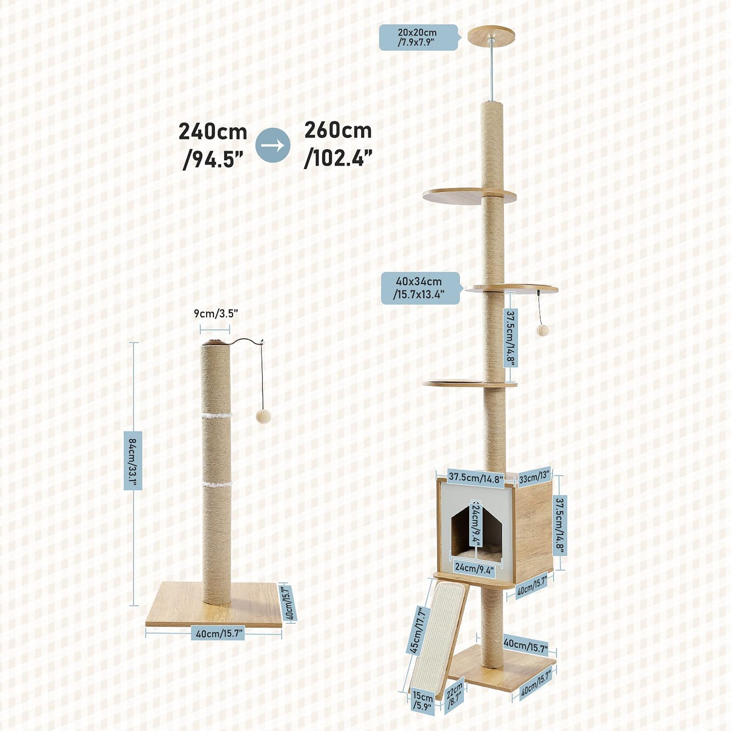 Modern Cat Climbing Tree Four Tier Floor-to-Ceiling Tower 94.5-102.4 in with a Scratcher Beige