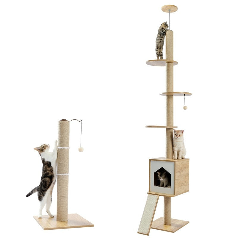 Modern Cat Climbing Tree Four Tier Floor-to-Ceiling Tower 94.5-102.4 in with a Scratcher Beige