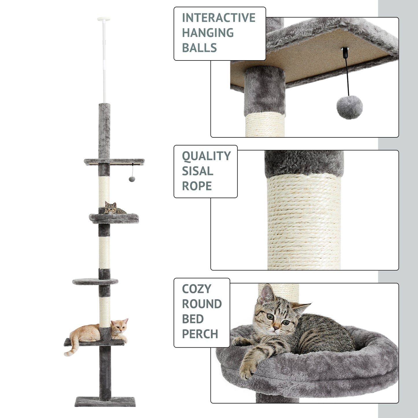 Modern Cat Climbing Tree Four Tier Floor-to-Ceiling Tower 94.5-102.4 in with a Scratcher Beige