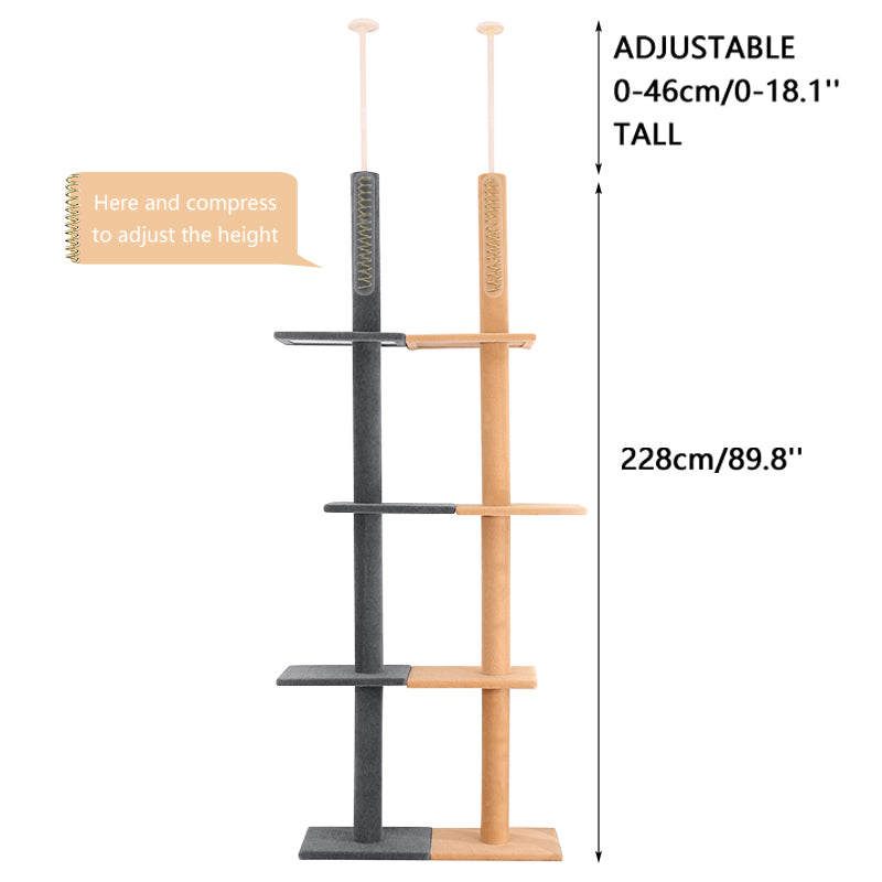 Modern Cat Climbing Tree Four Tier Floor-to-Ceiling Tower 94.5-102.4 in with a Scratcher Beige