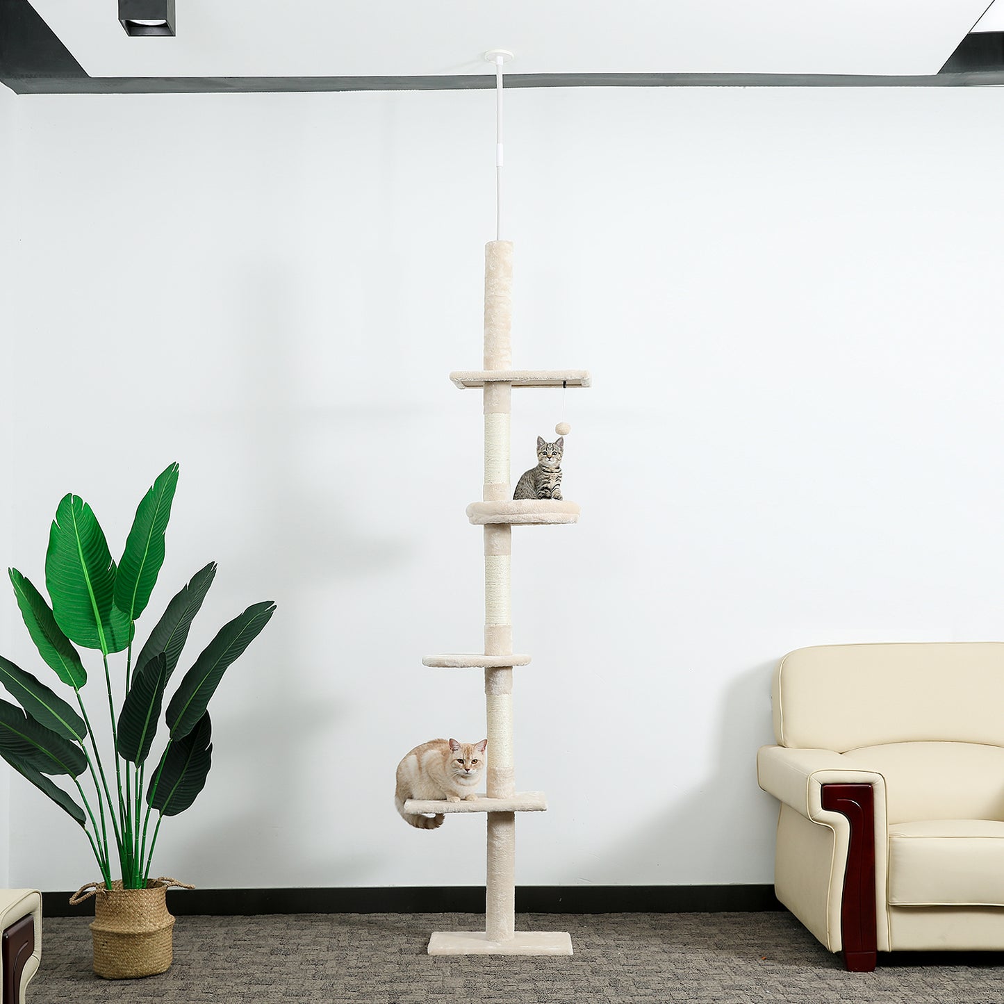 Modern Cat Climbing Tree Four Tier Floor-to-Ceiling Tower 94.5-102.4 in with a Scratcher Beige