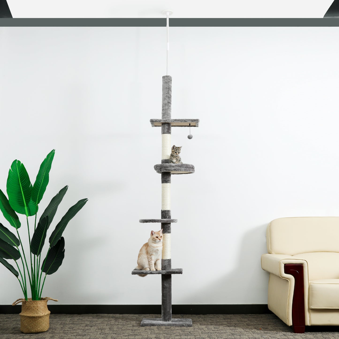 Modern Cat Climbing Tree Four Tier Floor-to-Ceiling Tower 94.5-102.4 in with a Scratcher Beige