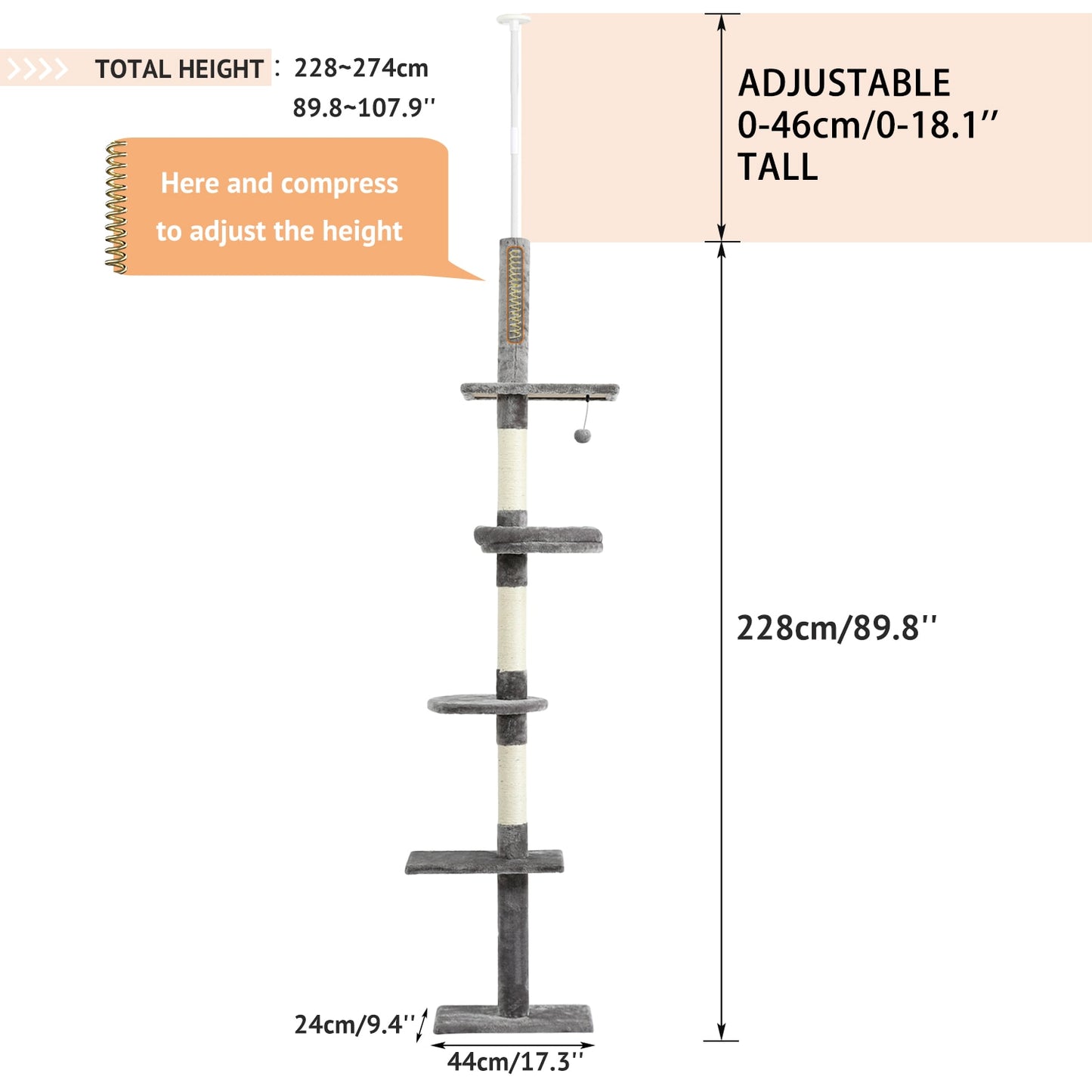 Modern Cat Climbing Tree Four Tier Floor-to-Ceiling Tower 94.5-102.4 in with a Scratcher Beige