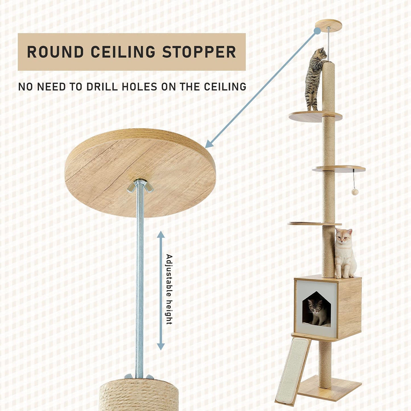 Modern Cat Climbing Tree Four Tier Floor-to-Ceiling Tower 94.5-102.4 in with a Scratcher Beige