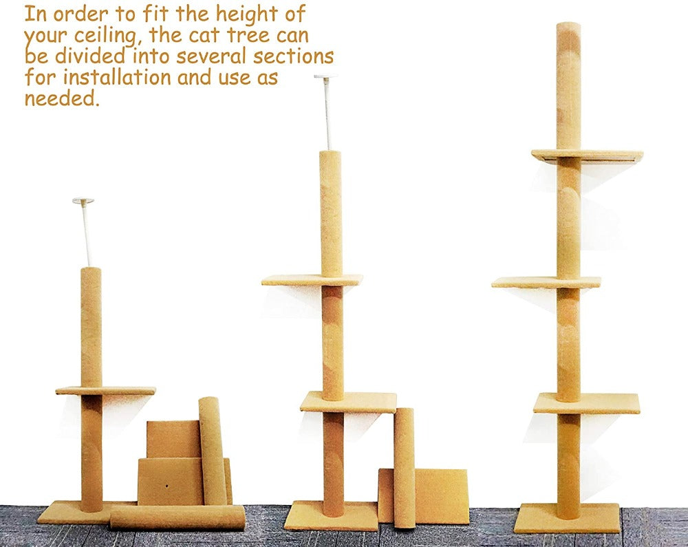 Modern Cat Climbing Tree Four Tier Floor-to-Ceiling Tower 94.5-102.4 in with a Scratcher Beige