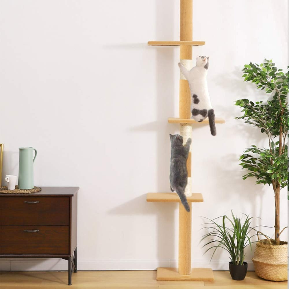 Modern Cat Climbing Tree Four Tier Floor-to-Ceiling Tower 94.5-102.4 in with a Scratcher Beige