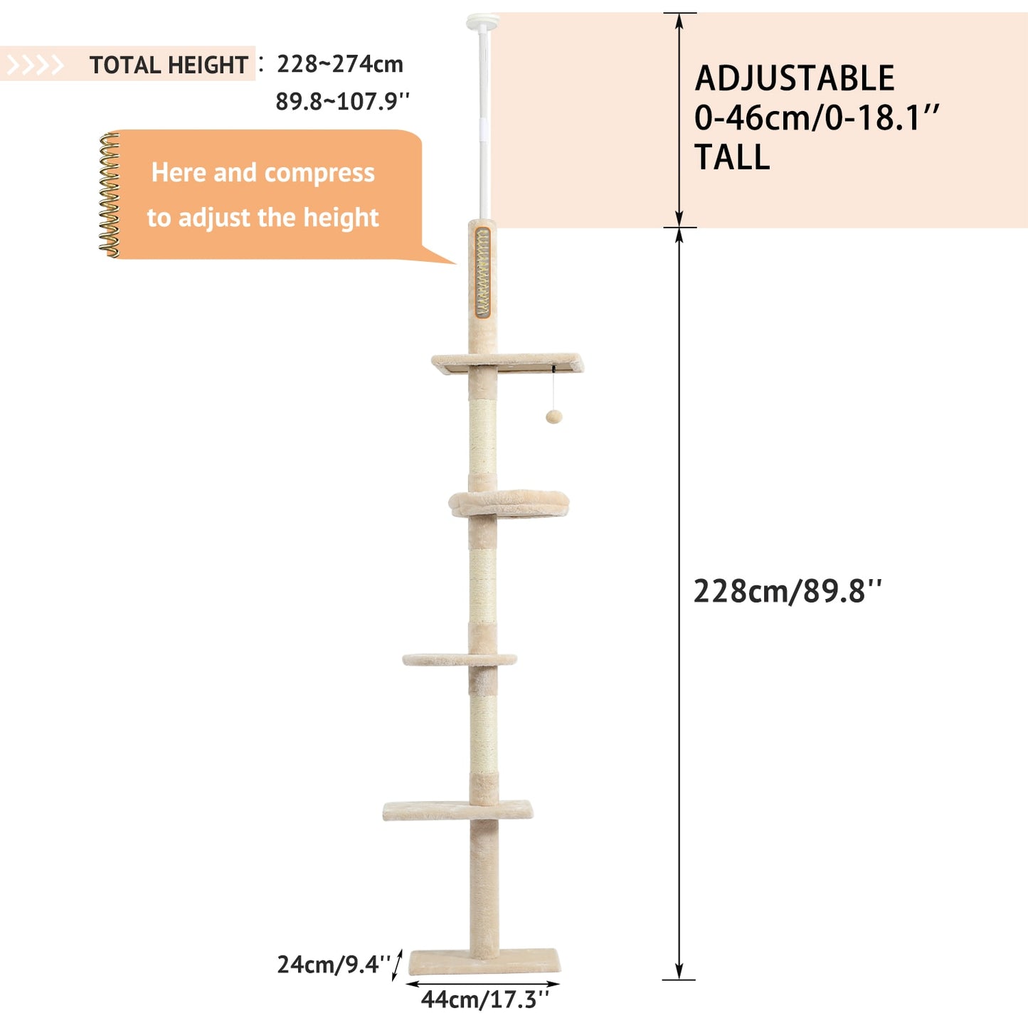 Modern Cat Climbing Tree Four Tier Floor-to-Ceiling Tower 94.5-102.4 in with a Scratcher Beige